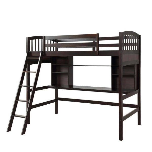 Bright Designs  Espresso Wood Twin Size Loft Bed with Storage Shelves and Desk - Image 4