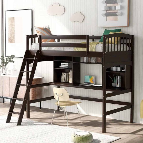 Bright Designs  Espresso Wood Twin Size Loft Bed with Storage Shelves and Desk