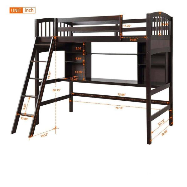 Bright Designs  Espresso Wood Twin Size Loft Bed with Storage Shelves and Desk - Image 2