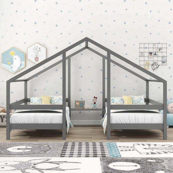 Bright Designs  Gray Twin Size Double Triangular House Beds with Built-in Table - Image 10