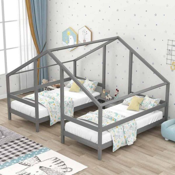 Bright Designs  Gray Twin Size Double Triangular House Beds with Built-in Table