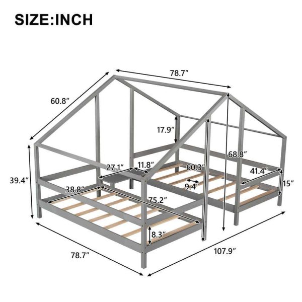 Bright Designs  Gray Twin Size Double Triangular House Beds with Built-in Table - Image 2