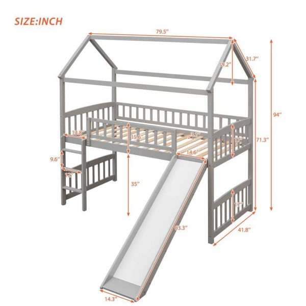 Bright Designs  Gray Twin Size House Loft Bed with Slide and Ladder - Image 3