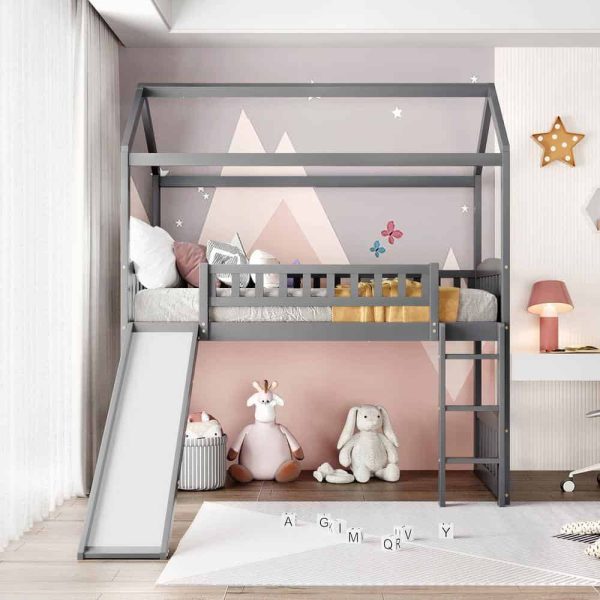 Bright Designs  Gray Twin Size House Loft Bed with Slide and Ladder - Image 11