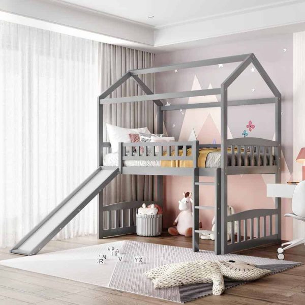 Bright Designs  Gray Twin Size House Loft Bed with Slide and Ladder