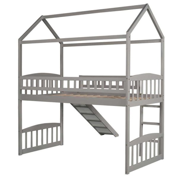 Bright Designs  Gray Twin Size House Loft Bed with Slide and Ladder - Image 10