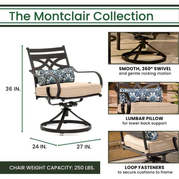 Hanover  Montclair 3-Piece Steel Outdoor Bistro Set with Tan Cushions, 2 Swivel Rockers and 27 in. Table - Image 3