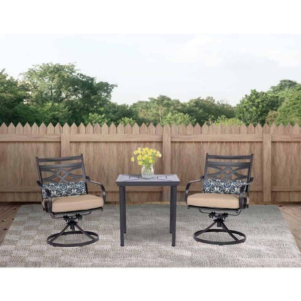 Hanover  Montclair 3-Piece Steel Outdoor Bistro Set with Tan Cushions, 2 Swivel Rockers and 27 in. Table