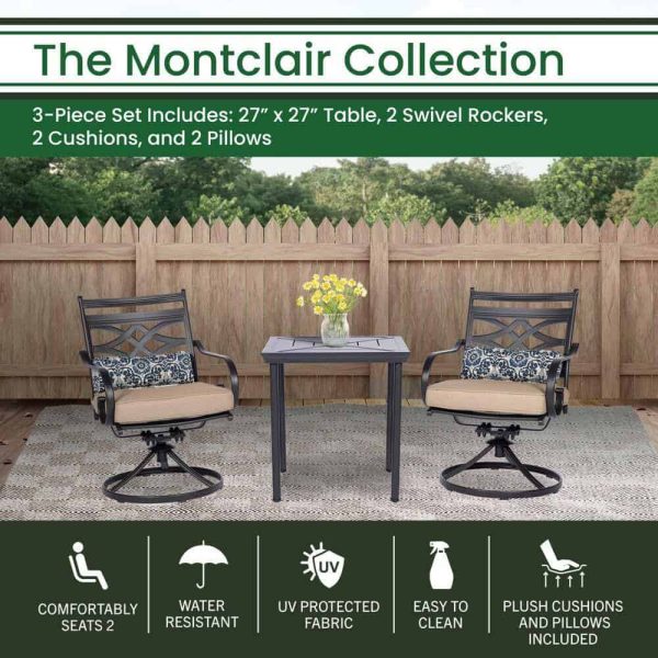 Hanover  Montclair 3-Piece Steel Outdoor Bistro Set with Tan Cushions, 2 Swivel Rockers and 27 in. Table - Image 2