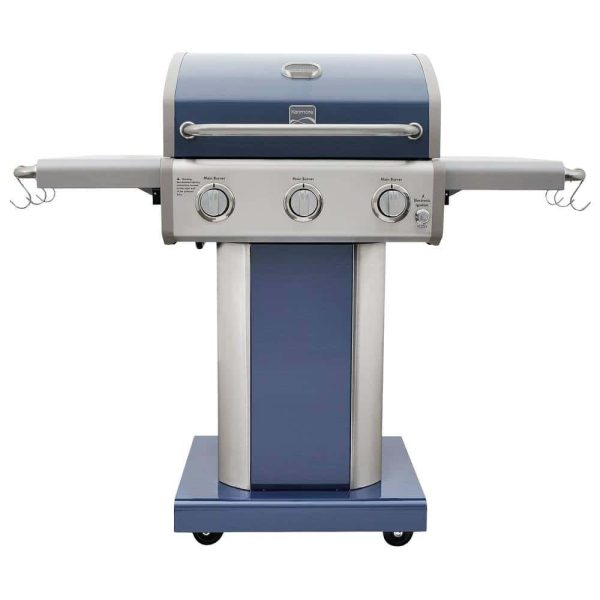 PG-4030400LD-AZ 3-Burner Propane Gas Pedestal Grill with Foldable Side Shelves-Azure