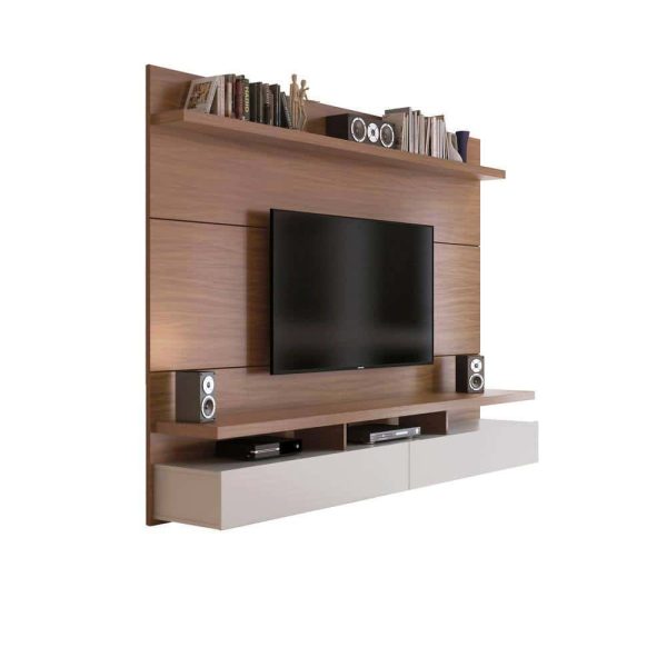 Manhattan Comfort City 87 in. Off-White and Maple Cream Composite Floating Entertainment Center Fits TVs Up to 80 in. with Wall Panel - Image 2