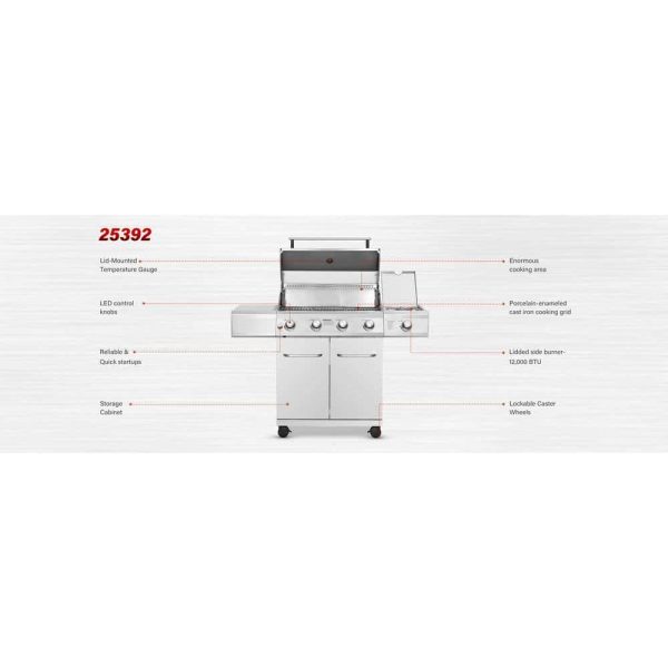Grills 25392 4-Burner Propane Gas Grill in Stainless Steel with LED Controls and Side Burner - Image 3