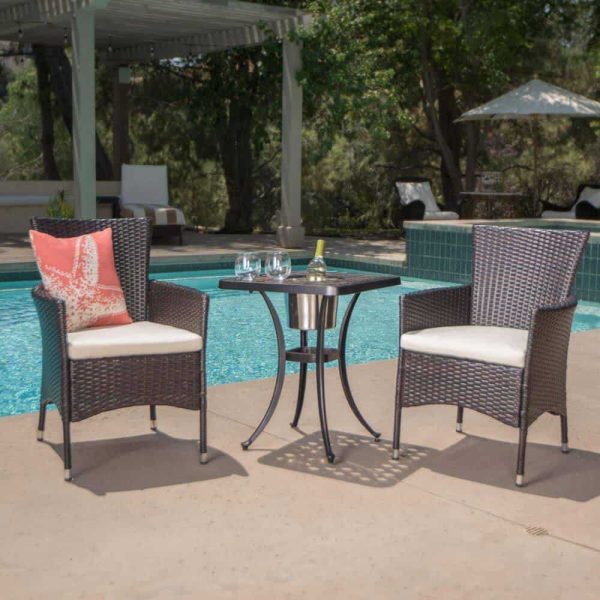 Ava Brown 3-Piece Aluminum and Plastic Square Outdoor Bistro Set with Beige Cushions - Image 9