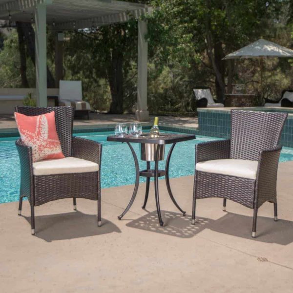 Ava Brown 3-Piece Aluminum and Plastic Square Outdoor Bistro Set with Beige Cushions