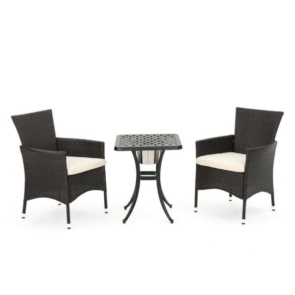 Ava Brown 3-Piece Aluminum and Plastic Square Outdoor Bistro Set with Beige Cushions - Image 2