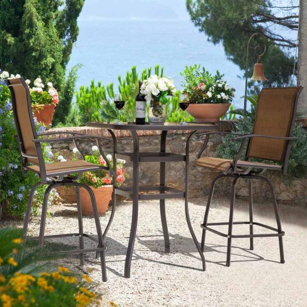 Brown 5-Piece Metal Patio Outdoor Bar Set with High Swivel Bistro Chairs and Square Table - Image 2