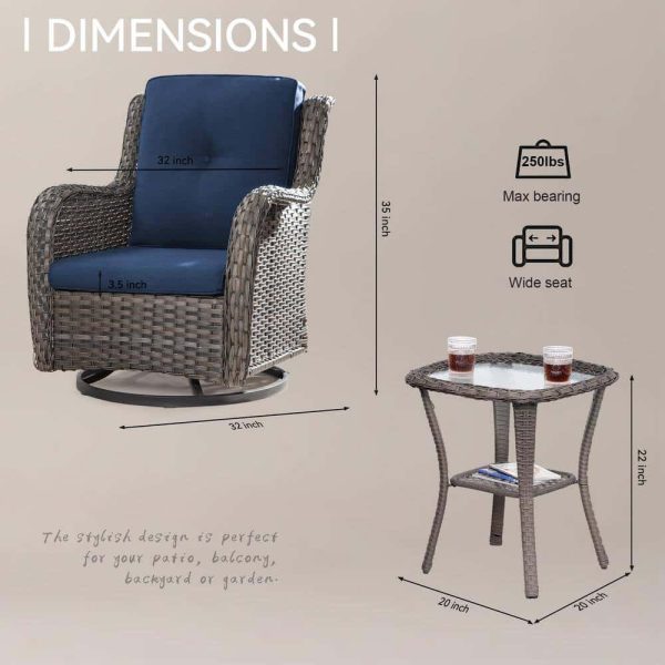JOYSIDE 3-Piece Wicker Patio Swivel Outdoor Rocking Chair Set with Blue Cushions and Table - Image 8