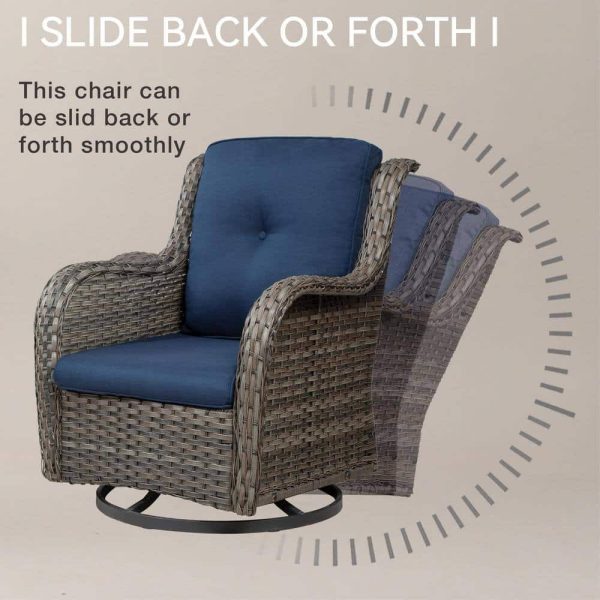JOYSIDE 3-Piece Wicker Patio Swivel Outdoor Rocking Chair Set with Blue Cushions and Table - Image 7