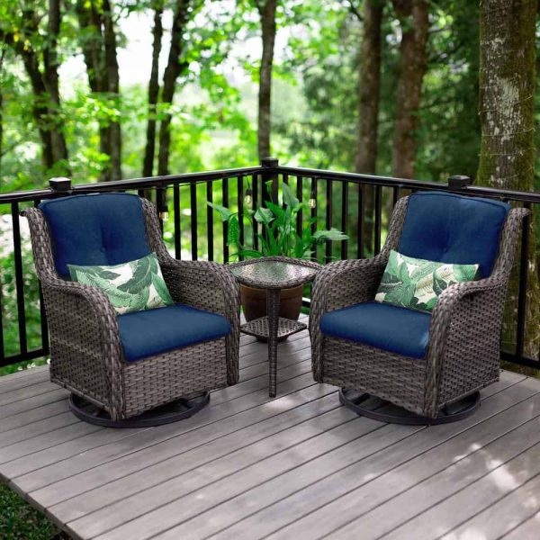 JOYSIDE 3-Piece Wicker Patio Swivel Outdoor Rocking Chair Set with Blue Cushions and Table - Image 6