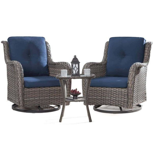 JOYSIDE 3-Piece Wicker Patio Swivel Outdoor Rocking Chair Set with Blue Cushions and Table - Image 5