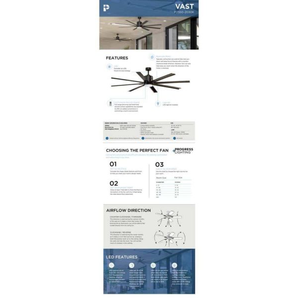 Progress Lighting Vast Collection 72 in. 8-Blade Indoor Antique Bronze Industrial Ceiling Fan with LED Light and Remote - Image 5