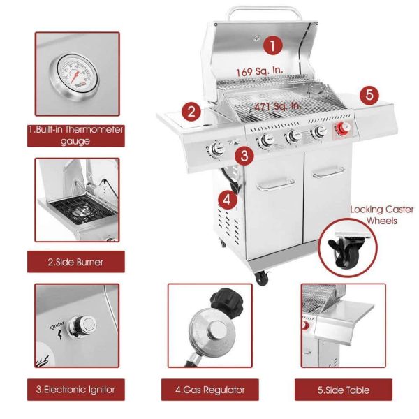 GA4402S 4-Burner Propane Gas Grill in Stainless Steel with Sear Burner and Side Burner - Image 8