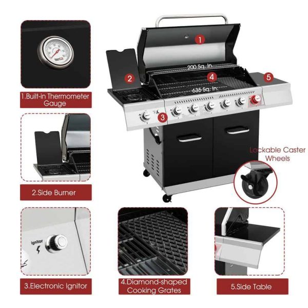 GA6402H 6-Burner BBQ Liquid Propane Gas Grill with Sear Burner and Side Burner, 74,000 BTU, Cabinet Style Grill in Black - Image 9