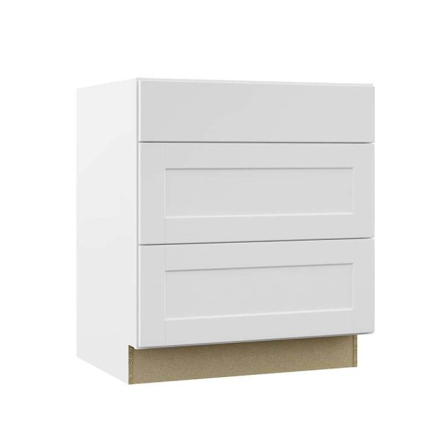 Bay Shaker 30 in. W x 24 in. D x 34.5 in. H Assembled Drawer Base Kitchen Cabinet in Satin White with Full Extension Glides