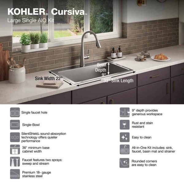 KOHLER K-RH28174-1PC-NA Cursiva All-in-One Stainless Steel 33 in. Single Bowl Drop-In or Undermount Kitchen Sink with Faucet - Image 10