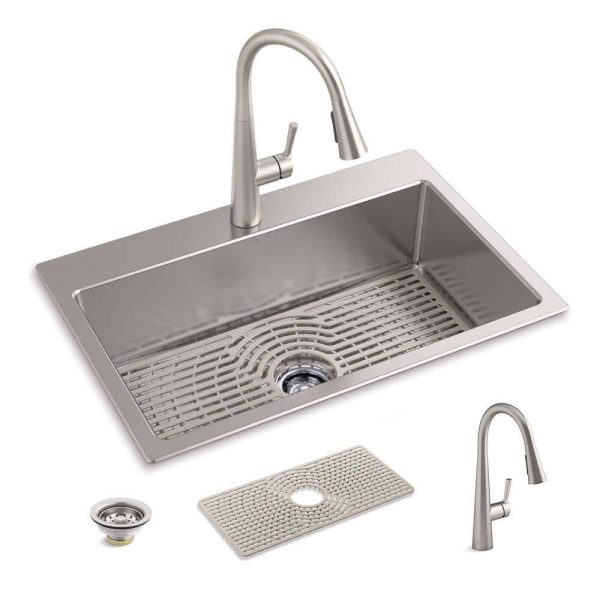 KOHLER K-RH28174-1PC-NA Cursiva All-in-One Stainless Steel 33 in. Single Bowl Drop-In or Undermount Kitchen Sink with Faucet