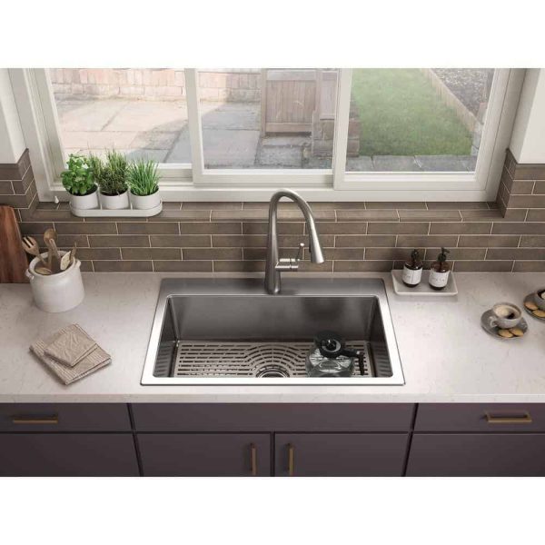 KOHLER K-RH28174-1PC-NA Cursiva All-in-One Stainless Steel 33 in. Single Bowl Drop-In or Undermount Kitchen Sink with Faucet - Image 2