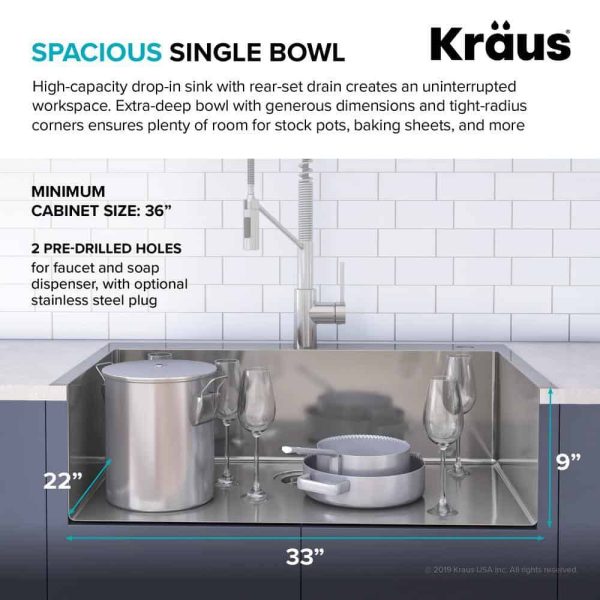 KCA-1102 Loften Stainless Steel 33in. Single Bowl Drop-in / Undermount Kitchen Sink with Stainless Steel Pull Down Faucet - Image 9