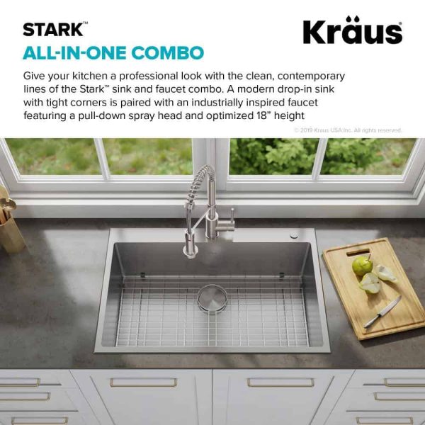 KCA-1102 Loften Stainless Steel 33in. Single Bowl Drop-in / Undermount Kitchen Sink with Stainless Steel Pull Down Faucet - Image 7
