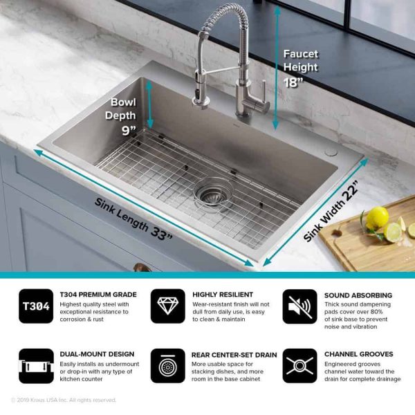 KCA-1102 Loften Stainless Steel 33in. Single Bowl Drop-in / Undermount Kitchen Sink with Stainless Steel Pull Down Faucet - Image 8
