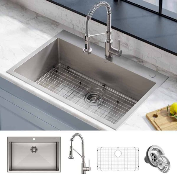 KCA-1102 Loften Stainless Steel 33in. Single Bowl Drop-in / Undermount Kitchen Sink with Stainless Steel Pull Down Faucet - Image 2