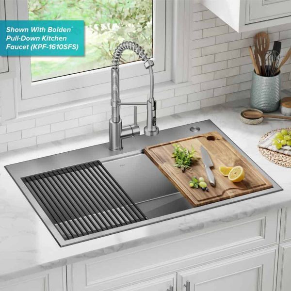 Loften 33 in. Drop-in/Undermount Single Bowl Stainless Steel Kitchen Workstation Sink with Faucet and Accessories - Image 3