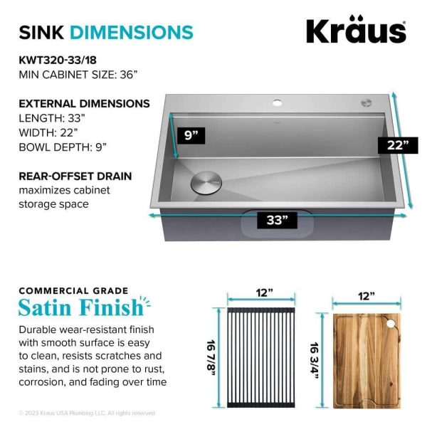 Loften 33 in. Drop-in/Undermount Single Bowl Stainless Steel Kitchen Workstation Sink with Faucet and Accessories - Image 7