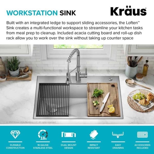 Loften 33 in. Drop-in/Undermount Single Bowl Stainless Steel Kitchen Workstation Sink with Faucet and Accessories - Image 4