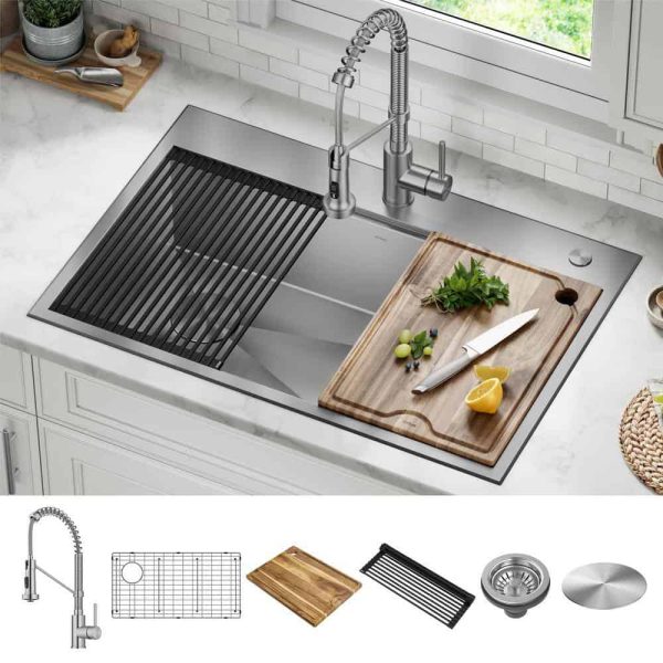 Loften 33 in. Drop-in/Undermount Single Bowl Stainless Steel Kitchen Workstation Sink with Faucet and Accessories - Image 2