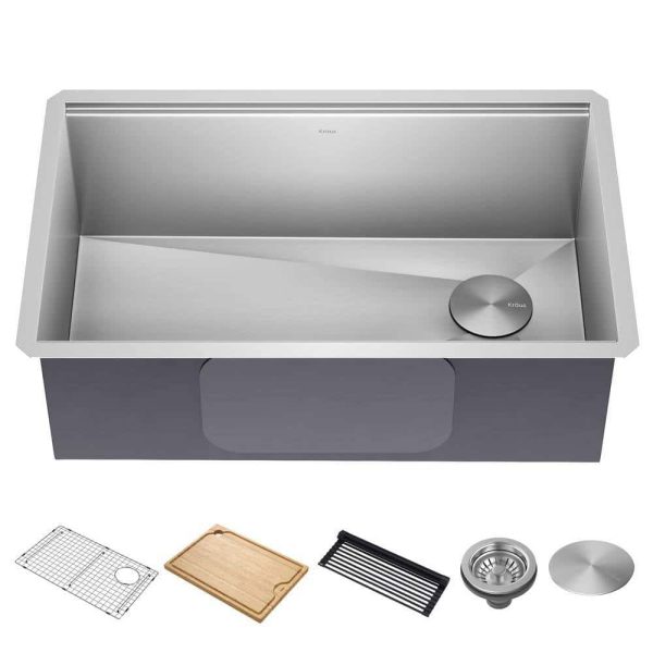 Kore Workstation Undermount Stainless Steel 30 in. Single Bowl Kitchen Sink w/Integrated Ledge and Accessories
