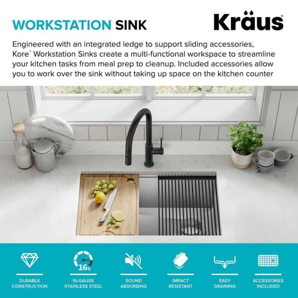 Kore Workstation Undermount Stainless Steel 30 in. Single Bowl Kitchen Sink w/Integrated Ledge and Accessories - Image 4