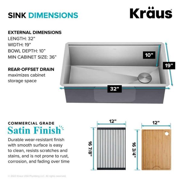 Kore Workstation 32-inch Undermount 16 Gauge Single Bowl Stainless Steel Kitchen Sink with Accessories (Pack of 5) - Image 6