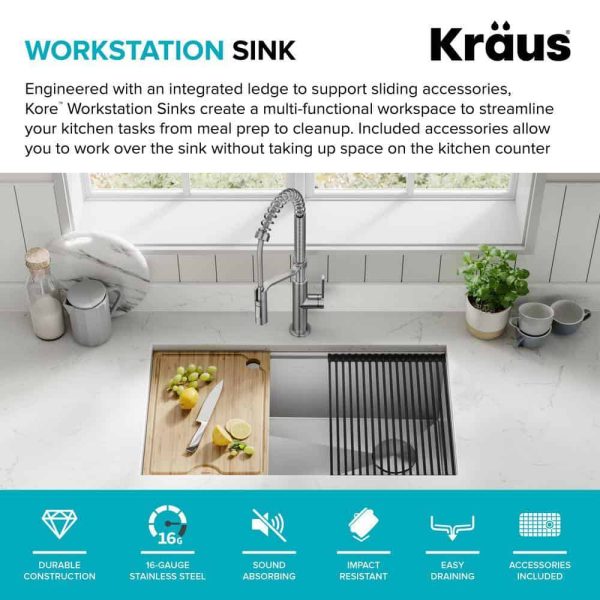 Kore Workstation 32-inch Undermount 16 Gauge Single Bowl Stainless Steel Kitchen Sink with Accessories (Pack of 5) - Image 4