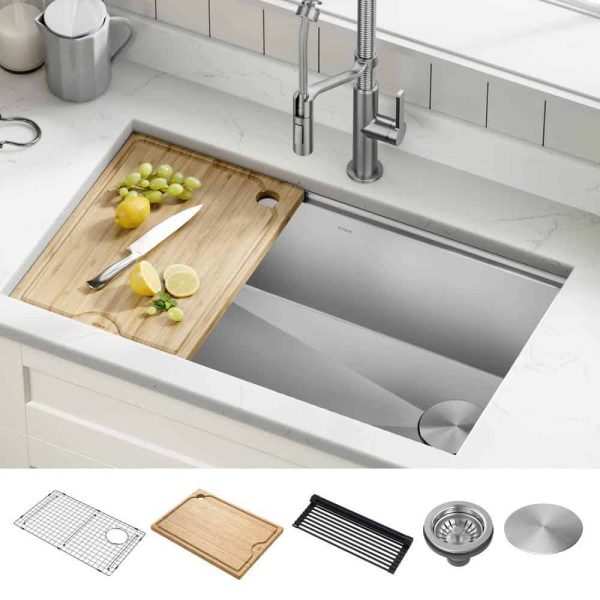 Kore Workstation 32-inch Undermount 16 Gauge Single Bowl Stainless Steel Kitchen Sink with Accessories (Pack of 5) - Image 2
