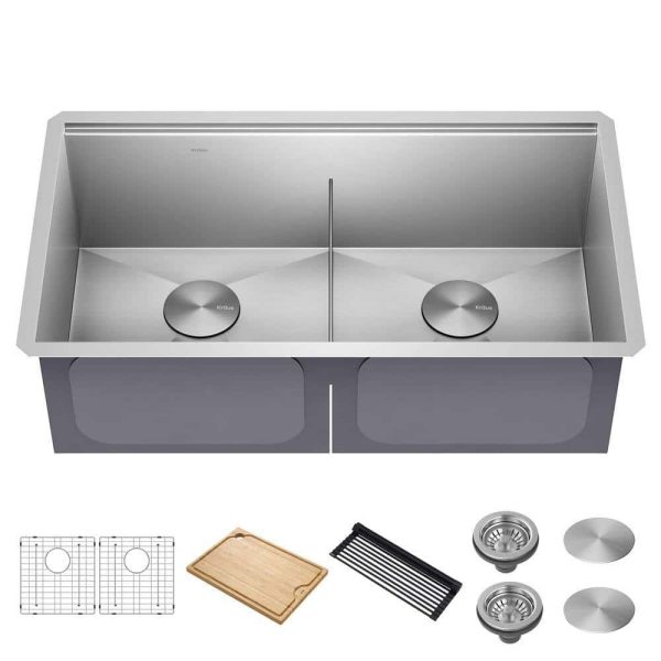 Kore Workstation 33-inch Undermount 16 Gauge Double Bowl Stainless Steel Kitchen Sink with Accessories (Pack of 8)