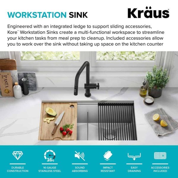 Kore Workstation 33-inch Undermount 16 Gauge Double Bowl Stainless Steel Kitchen Sink with Accessories (Pack of 8) - Image 4