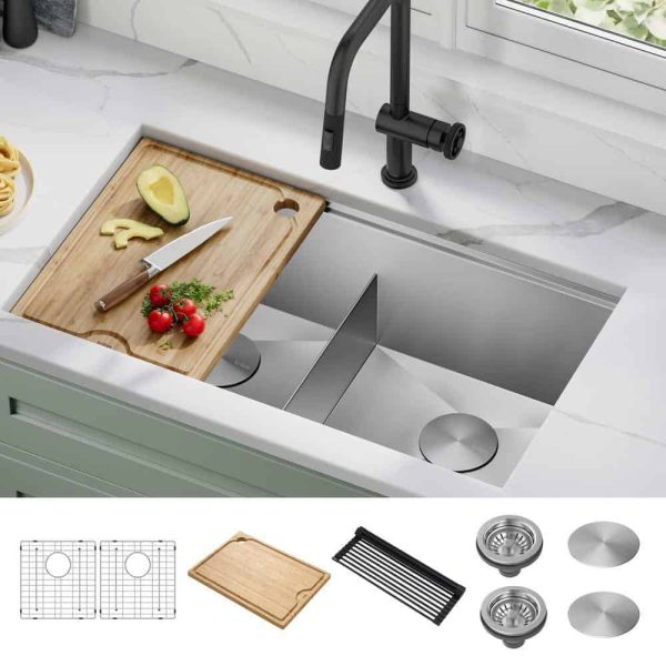 Kore Workstation 33-inch Undermount 16 Gauge Double Bowl Stainless Steel Kitchen Sink with Accessories (Pack of 8) - Image 2