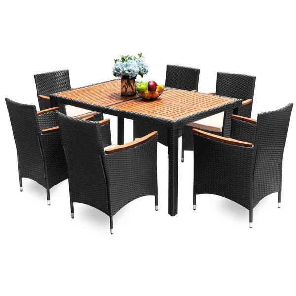 Tozey 7-Piece Acacia and Wicker Outdoor Dining Set with Beige Cushions - Image 8