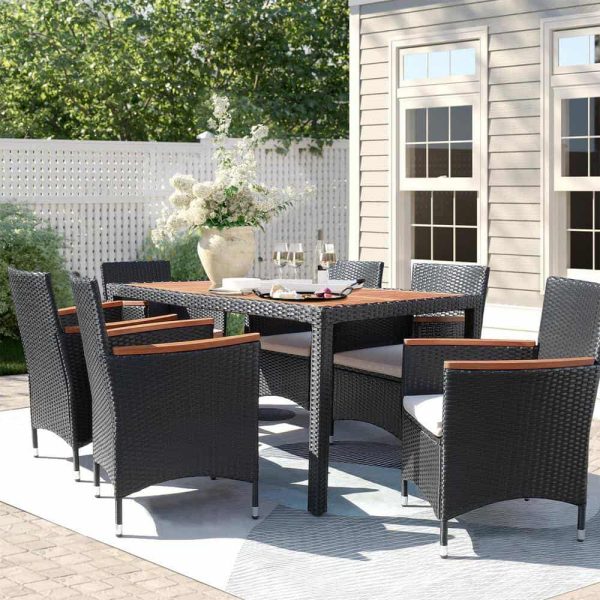 Tozey 7-Piece Acacia and Wicker Outdoor Dining Set with Beige Cushions - Image 7