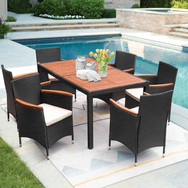 Tozey 7-Piece Acacia and Wicker Outdoor Dining Set with Beige Cushions - Image 6